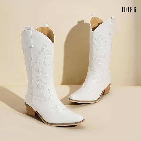Women's White Cowgirl Boots Western Boots Mid Calf Embroidered Chunky Low Heel - Picture 5 of 6